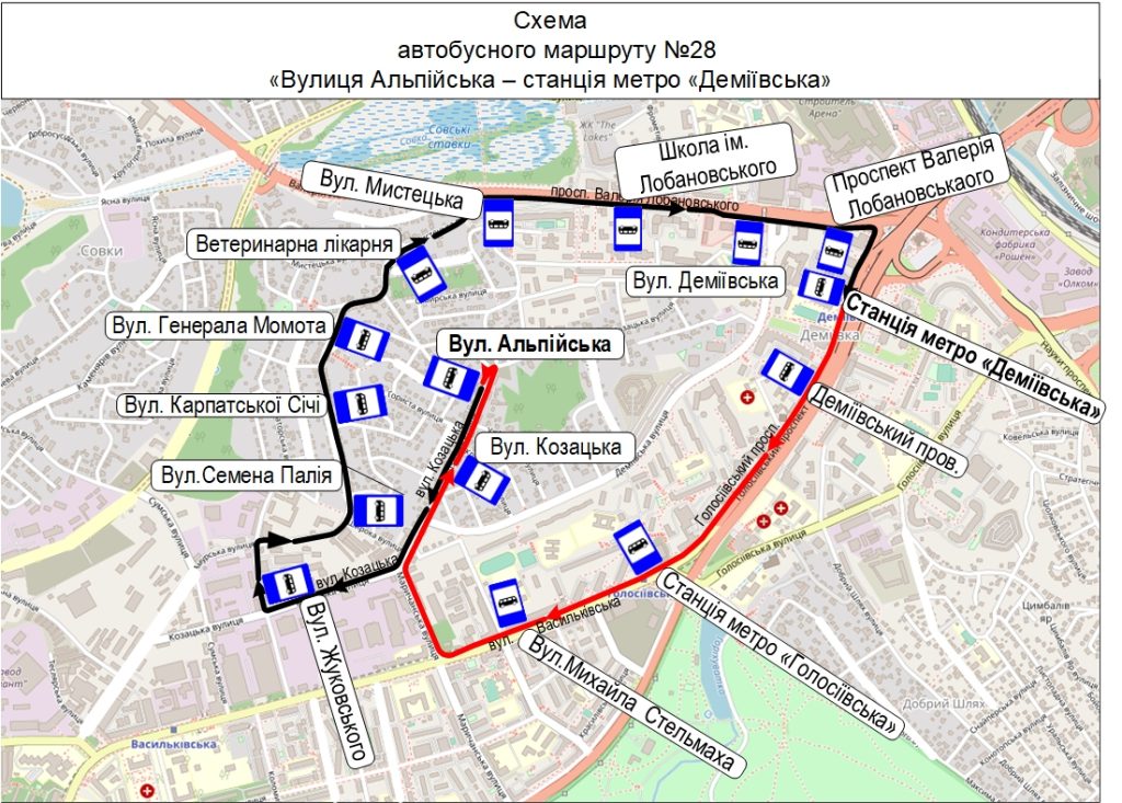 Схема руху автобусного маршруту №28 в Києві