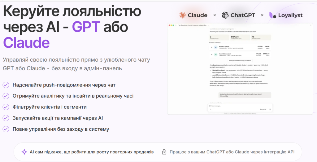 Керуйте лояльністю через AI - GPT або Claude