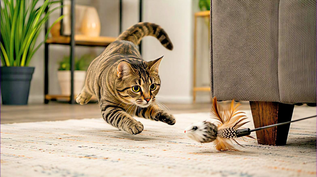 Кот охотится на игрушку с перьями