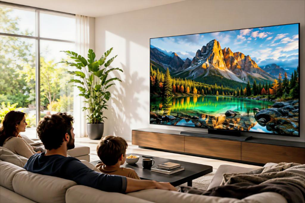 Семья смотрит фильм на телевизоре Samsung Neo QLED и Mini LED